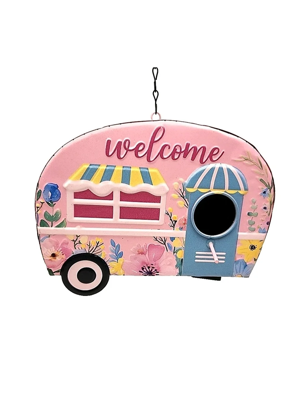Pink 'Welcome' Caravan Metal Bird House